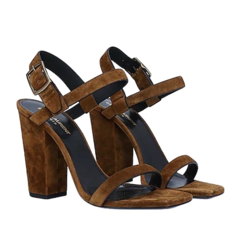 NWT Saint Laurent Oak 100 Khaki Suede Block Heel Ankle Strap Slingback Sandals